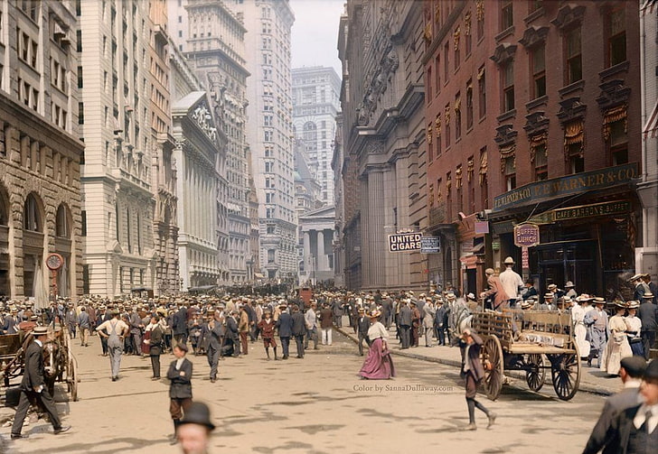 Fotografie, USA, historische, kolorierte Fotos, Straße, Menschenmassen, HD-Hintergrundbild