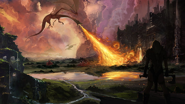 red dragon wallpaper, the city, weapons, fire, dragons, warrior, art, attack, Hobbit, HD wallpaper
