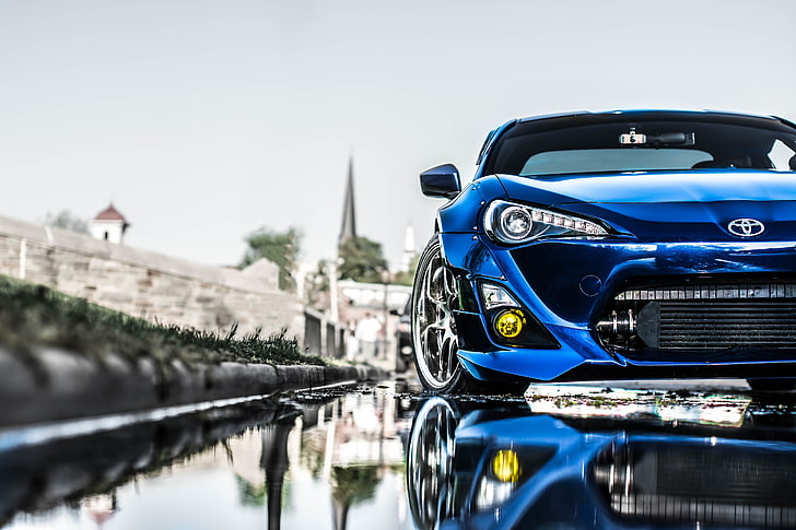 blue Toyota vehicle, toyota, blue, front bumper, tuning, HD wallpaper