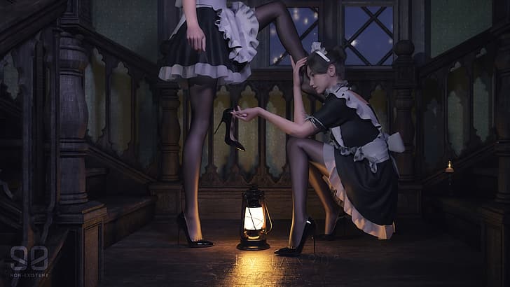 maid, black stockings, feet, Feetfeet, anime girls, HD wallpaper