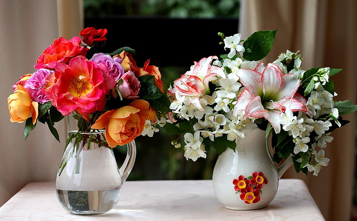 clear glass and white vases, rose, lily, jasmine, flowers, jars, HD wallpaper