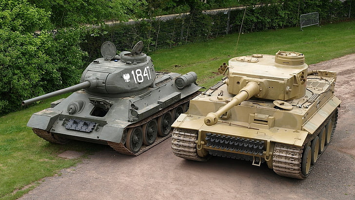 серые и бежевые боевые танки, танк Тигр I, Т-34-85, военный, автомобиль, HD обои