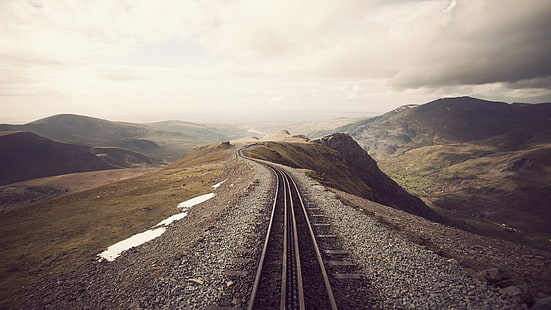 gray metal train tracks, mountains, train, railway, Snowdon, railroad track, landscape, sepia, beige, mist, snow, HD wallpaper HD wallpaper