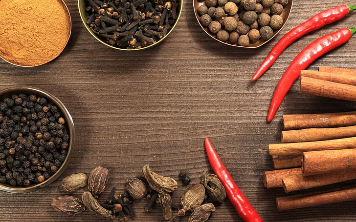 red chilli peppers, red pepper, cloves, curry, cinnamon, HD wallpaper
