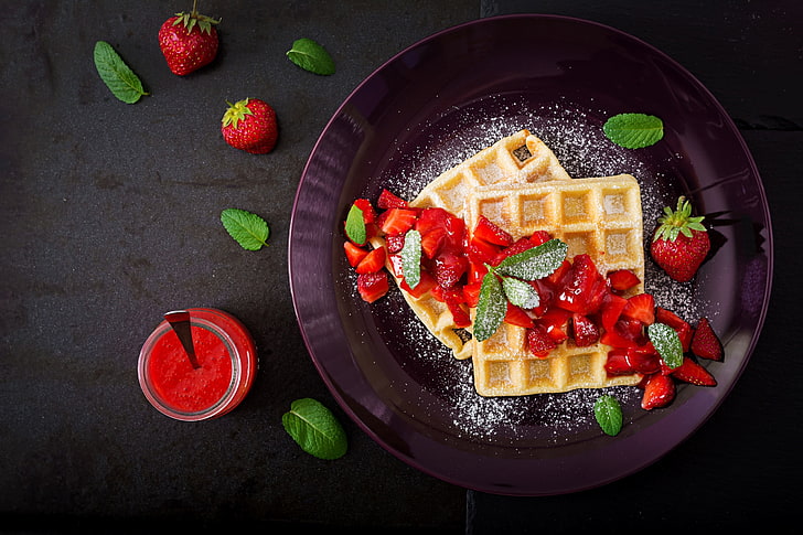 waffles, fruit, food, still life, strawberries, mint leaves, sugar, plates, HD wallpaper
