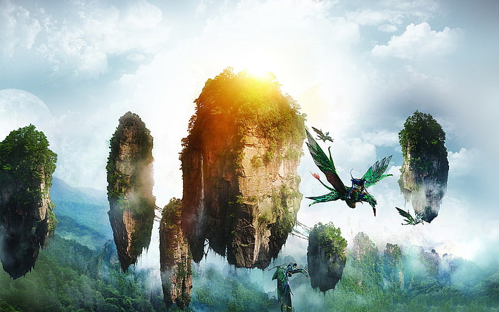 2012 Avatar movie scene, Avatar, Neytiri, floating island, flying, HD wallpaper