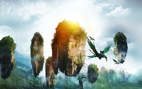 Cena do filme Avatar de 2012, Avatar, Neytiri, ilha flutuante, voando, HD papel de parede HD wallpaper