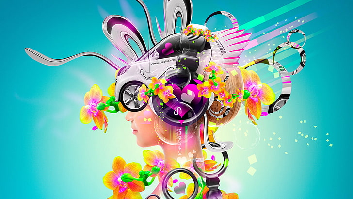 white car illustration, Flowers, Girl, Auto, Music, Neon, Headphones, Blonde, Bright, Style, Wallpaper, Bubbles, Car, Fantasy, Photoshop, Abstract, Smart, Electro, Plastic, Orchid, Wallpapers, Headphone, Heart, 2014, Colorful, Tony Kokhan, Side View, Multicolors, el Tony, el Tony Girls, HD wallpaper