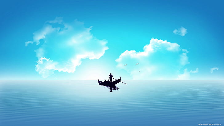 Boat Ocean Clouds Silhouette Blue HD, black canoe, digital/artwork, ocean, blue, clouds, boat, silhouette, HD wallpaper
