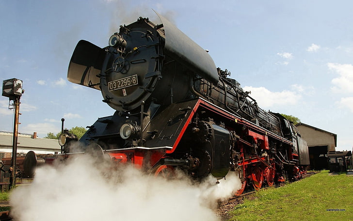 black and red train, train, vintage, steam locomotive, vehicle, HD wallpaper