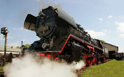 черен и червен влак, влак, реколта, парен локомотив, превозно средство, HD тапет HD wallpaper