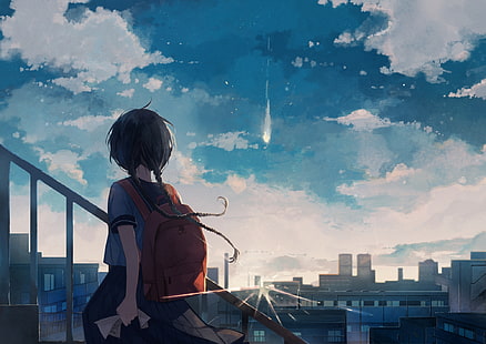 anime girl, mundurek szkolny, widok z tyłu, chmury, budynki, światło słoneczne, anime, Tapety HD HD wallpaper
