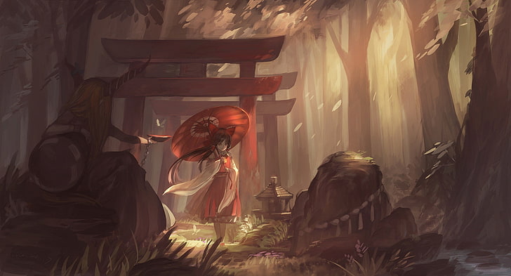 brunettes blondes water video games nature touhou trees forest demons stones horns long hair oni mik Nature Forests HD Art , blondes, brunettes, HD wallpaper