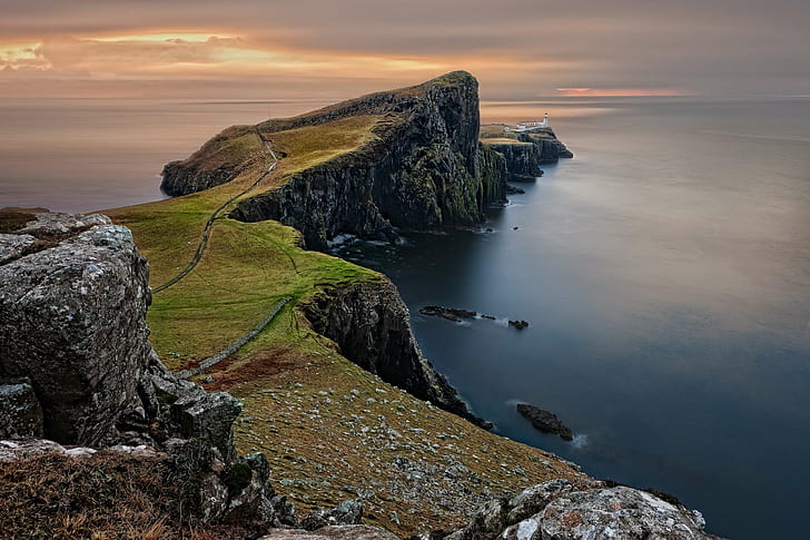 cliff, hill, isle of skye, landscape, lighthouse, nature, neist point, pasture, scotland, sea, water, HD wallpaper