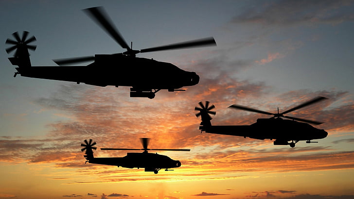 silhouette of three helicopters, Boeing AH-64D Apache, attack helicopter, U.S. Army, U.S. Air Force, HD wallpaper
