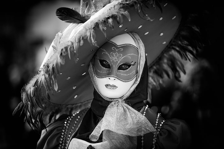 Maÿ Leyvraz, монохромен, жени, маска, венециански маски, 500px, HD тапет