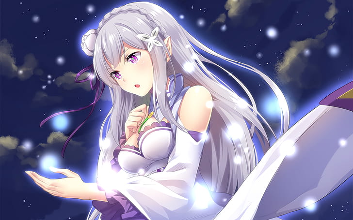 Re: Null Kara Hajimeru Isekai Seikatsu, Emilia (Re: Null), weißes Haar, Seelen, Himmel, Wolken, lila Augen, Spaltung, HD-Hintergrundbild