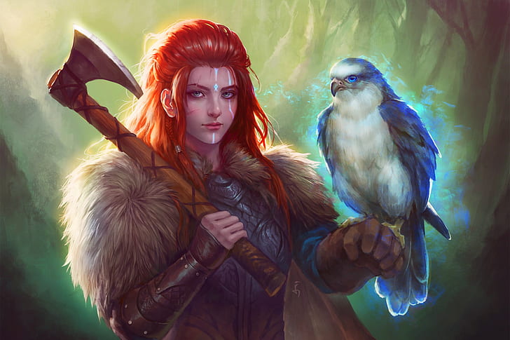 Fantasy, Viking, Axe, Bird, Falcon, Girl, Red Hair, Woman Warrior, HD wallpaper