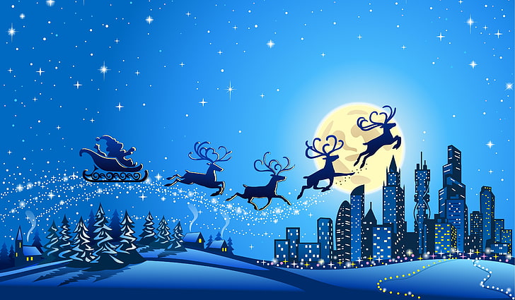 reindeer 3D wallpaper, stars, snow, trees, city, the city, vector, graphics, new year, home, houses, full moon, graphic, Reindeer, merry Christmas, Santa Claus is, santa claus coming, ice town, HD wallpaper