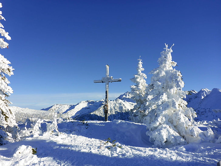 alpine, austria, cold, cross, icy, mountains, partly cloudy, ski, ski area, snow, snowy, summit cross, sun, view, winter, wintry, HD wallpaper