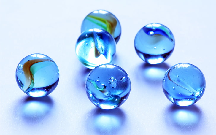Blue crystal glass marbles closeup, HD wallpaper
