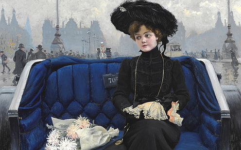 덴마크 화가, 코펜하겐, 1902, Paul Gustav Fischer, 말이 끄는 택시에 우아한 젊은 여자, Dronning Louises Bro, Queen Louise의 다리, 말이 끄는 마차에 우아한 젊은 여자, HD 배경 화면 HD wallpaper