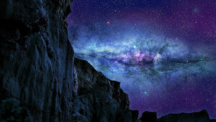 galaxy illustration, landscape, sky, stars, space art, mountains, digital art, nature, space, Milky Way, HD wallpaper