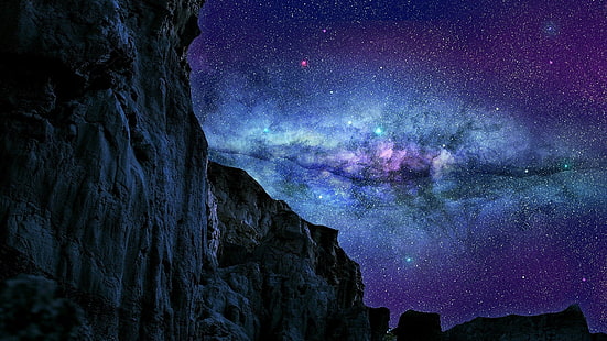 ilustrasi galaksi, lanskap, langit, bintang, seni ruang angkasa, pegunungan, seni digital, alam, ruang, Bima Sakti, Wallpaper HD HD wallpaper