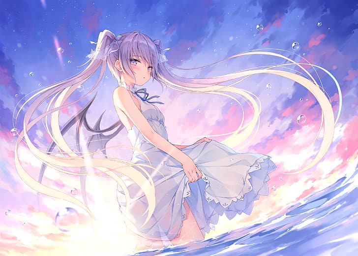 Anime Mädchen, Kleid, Wasser, Lange Haare, Lila Haare, Lila Augen, Himmel, HD-Hintergrundbild