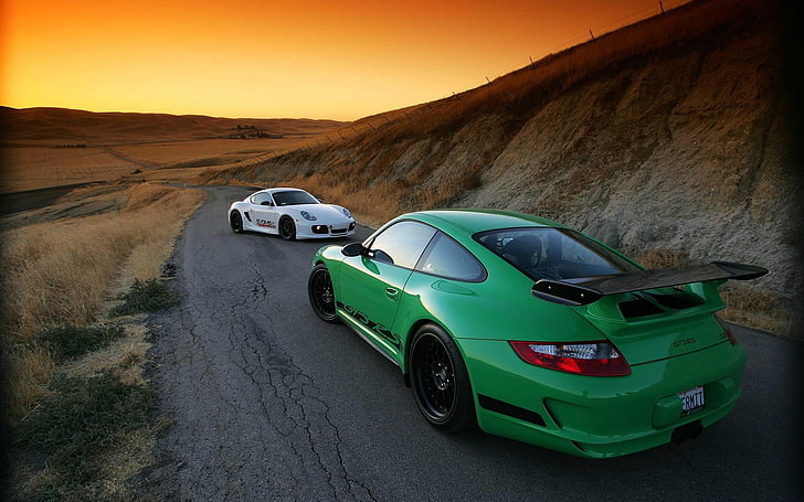 car, Porsche, Porsche 911 GT3 RS, Porsche 911, sunset, road, landscape, green cars, HD wallpaper