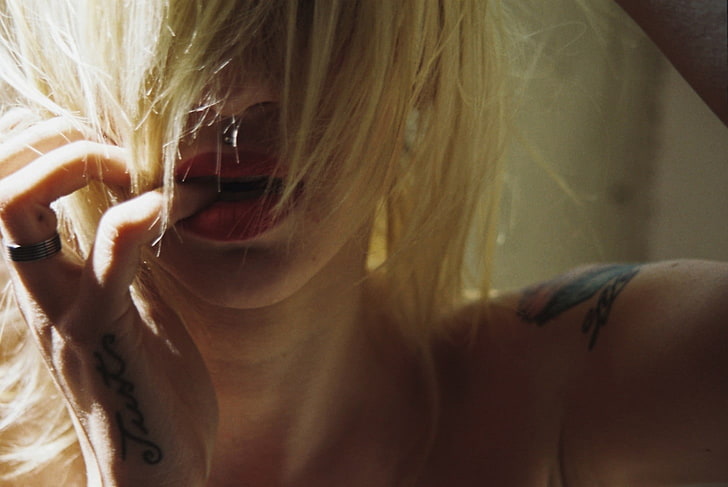 women, model, blonde, tattoo, piercing, rings, biting finger, finger on lips, hair in face, Natasha Legeyda, HD wallpaper