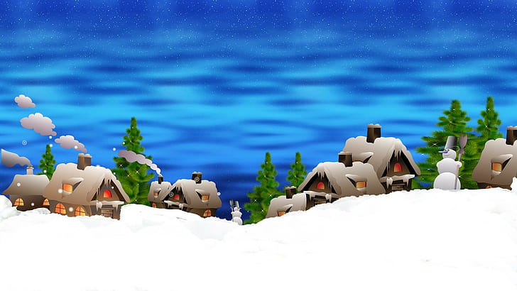 별 아래의 겨울 마을, 별, 굴뚝, 크리스마스, 연기, 펠리 스 나비 다드, 감기, 나무, 마을, 따뜻한, 눈사람, 눈, HD 배경 화면