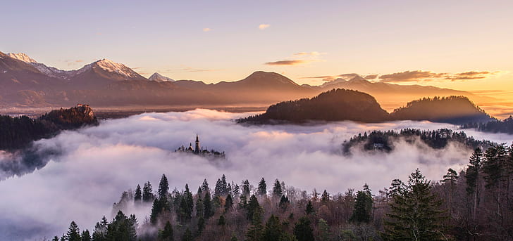 пейзаж, природа, Словения, Бледско езеро, изгрев, мъгла, планини, дървета, HD тапет