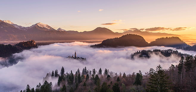 Landschaft, Natur, Slowenien, Bleder See, Sonnenaufgang, Nebel, Berge, Bäume, HD-Hintergrundbild HD wallpaper