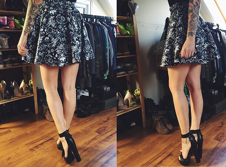 wanita mengenakan gaun bunga hitam dan putih dan tumit chunky kulit hitam, kolase, wanita, sepatu hak tinggi, Wallpaper HD