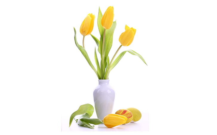 Simple & Elegant, yellow, vase, tulips, beautiful, simple, 3d and abstract, HD wallpaper
