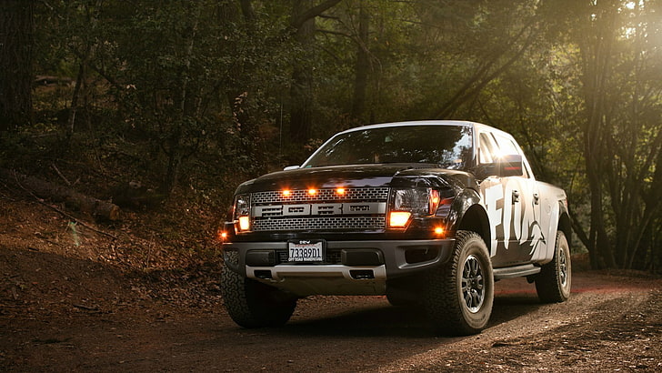 black Ford Ranger pickup truck, forest, leaves, lights, Ford, Raptor, F-150, HD wallpaper