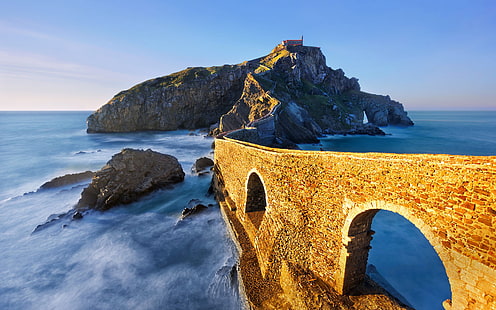 Gaztelugatxe, Spain, sea, bridge, rocks, island, arch, Spain, Basque Country, Bermeo, San Juan de Gaztelugatxe, HD wallpaper HD wallpaper