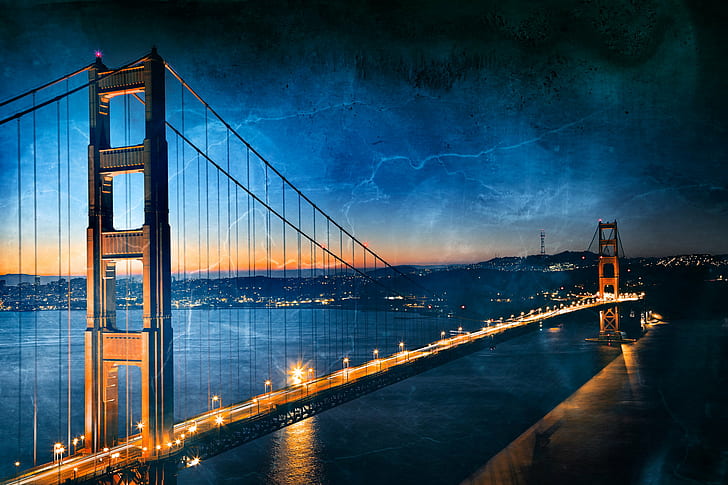 Blick auf die schwarze Brücke, Golden Dawn, Gloomy, Ghost, Grunge, schwarze Brücke, Blick auf die Golden Gate Bridge, grungy, gruselig, Apokalypse, apokalyptisch, Horror, verzweifelt, Blitzschlag, roh, trostlos, Riss, Risse, San Francisco, Kalifornien,vereinigte staaten, amerika, amerikaner, langzeitbelichtung, architektur, aussetzung, wasser, fluss, szene, landschaftlich, textur, hintergrund, städtisch, stadt, stadt, schönheit, schön, hübsch, epos, reise, tourismus, touristisch, himmel,licht, dunkelblau, cyan, orange schwarz, glühen, stock, ressource, bild, ca, berühmter ort, usa, brücke - Man Made Structure, nacht, stadtbild, hängebrücke, urbane skyline, new York City, urbanes Motiv,Meer, San Francisco County, Abenddämmerung, Innenstadt, Kalifornien, Sonnenuntergang, Bauwerk, Manhattan - New York City, HD-Hintergrundbild