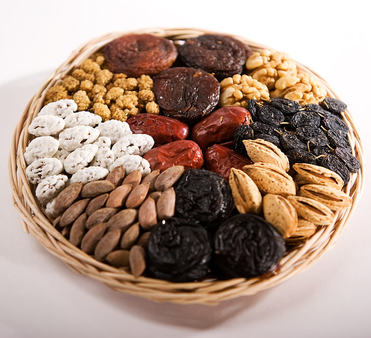 assorted nuts, dried fruit, basket, variety, HD wallpaper