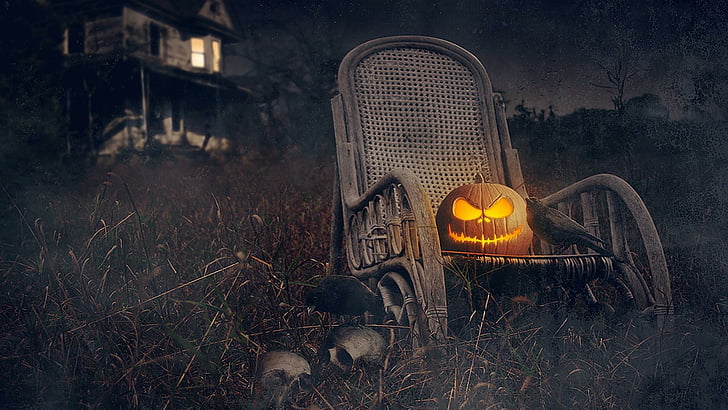 pumpkin, light, halloween, pumpkin lantern, lantern, chair, armchair, rocking chair, skull, skulls, garden, celebration, HD wallpaper