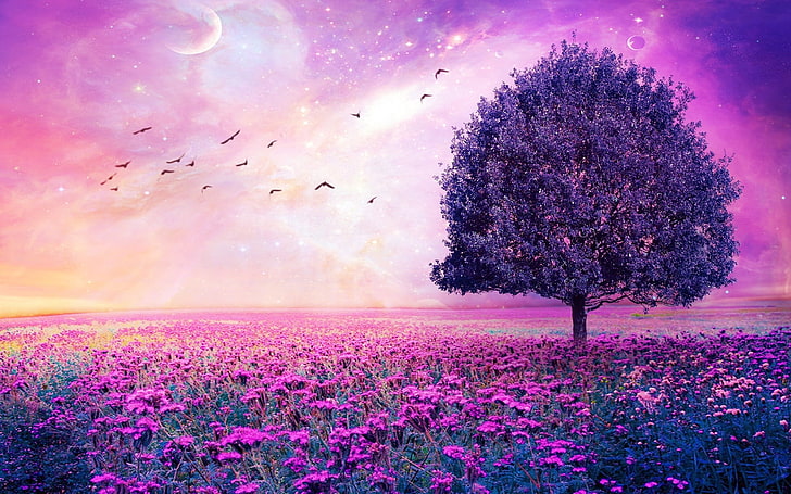 lila blättriger Baum unter digitaler Tapete der fliegenden Vögel, Baum, Vögel, Veilchen, HD-Hintergrundbild