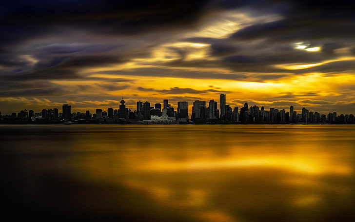 city building lot, cityscape, horizon, sunset, gold, Vancouver, Canada, clouds, HD wallpaper