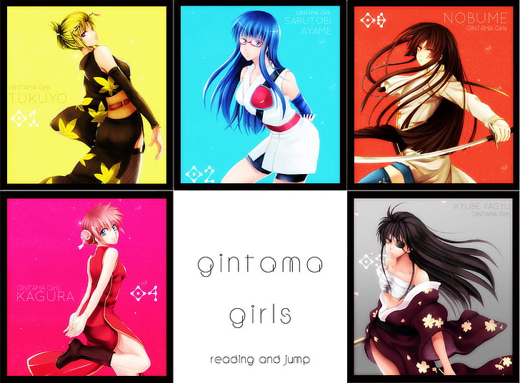 Gintama, anime girls, Imai Nobume, Kagura (Gintama), Tsukuyo, Yagyuu Kyuubei, Sarutobi Ayame, Fond d'écran HD