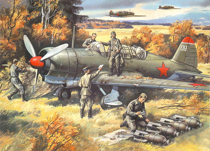 group of soldier on plate digital wallpaper, autumn, the plane, easy, art, USSR, bomber, BBC, WWII, scout, training, Soviet, WW2., departure, Su-2, middle, HD wallpaper