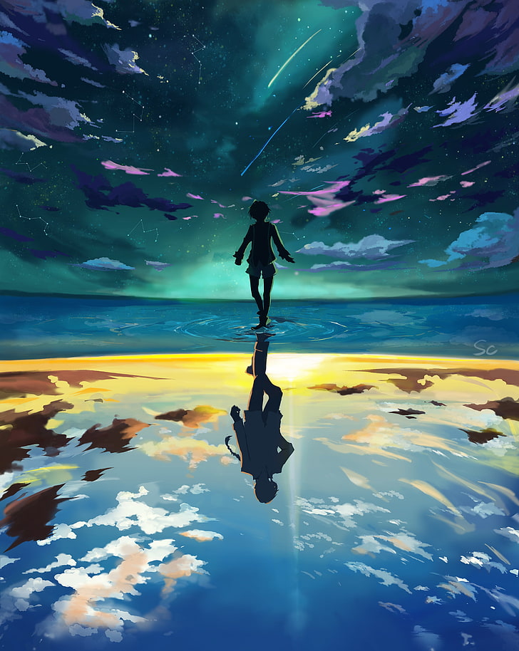 anime boy, floating, reflection, water, clouds, sky, scenic, stars, Anime, HD wallpaper