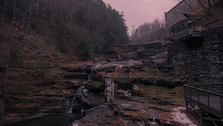 braune Mauer, Wasserfall, fallen, HD-Hintergrundbild