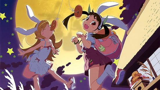 Sterne, Monogatari-Serie, Donut, Hachikuji Mayoi, Oshino Shinobu, HD-Hintergrundbild HD wallpaper