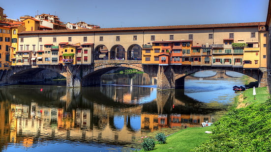 ポンテヴェッキオ、フィレンツェ、イタリア、ヨーロッパ、素晴らしい、橋、反射、反射、建築、建物、家、家、信じられないほど、アルノ川、川、 HDデスクトップの壁紙 HD wallpaper
