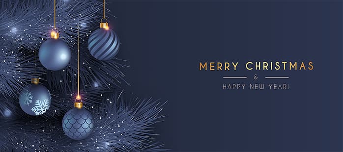  balls, Christmas, New year, tree, blue background, HD wallpaper HD wallpaper